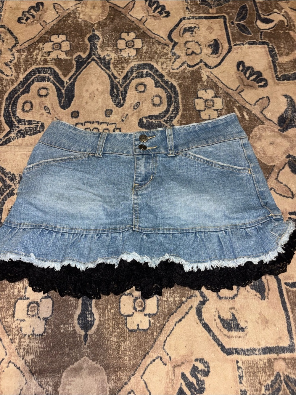 YMI Light Blue Denim Mini Skirt with Black Lace Hem
